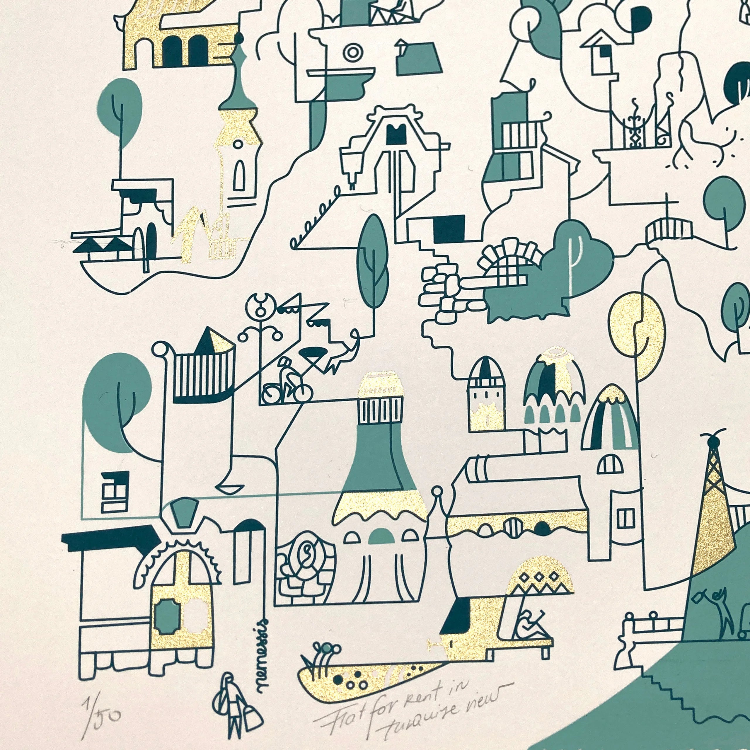 Room for rent with turquoise view screen print B2 